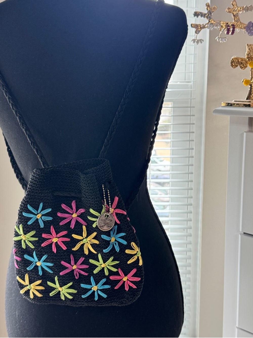 Vintage Xhilaration Black Crochet Backpack Bag with Colorful Daisy Embroidery
